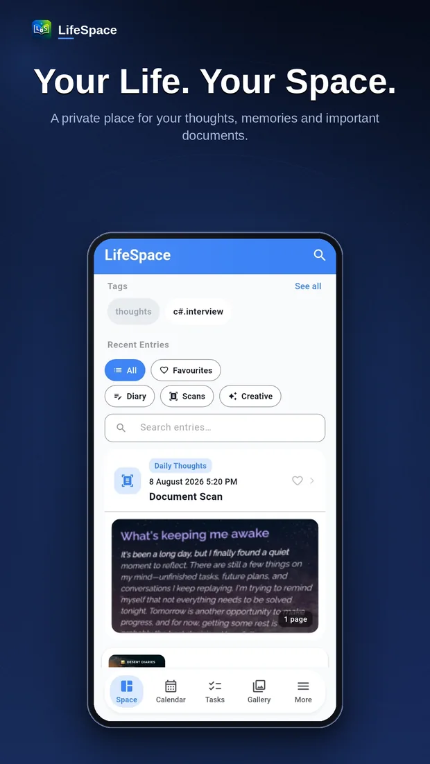 LifeSpace home screen showing recent entries grouped by tag.